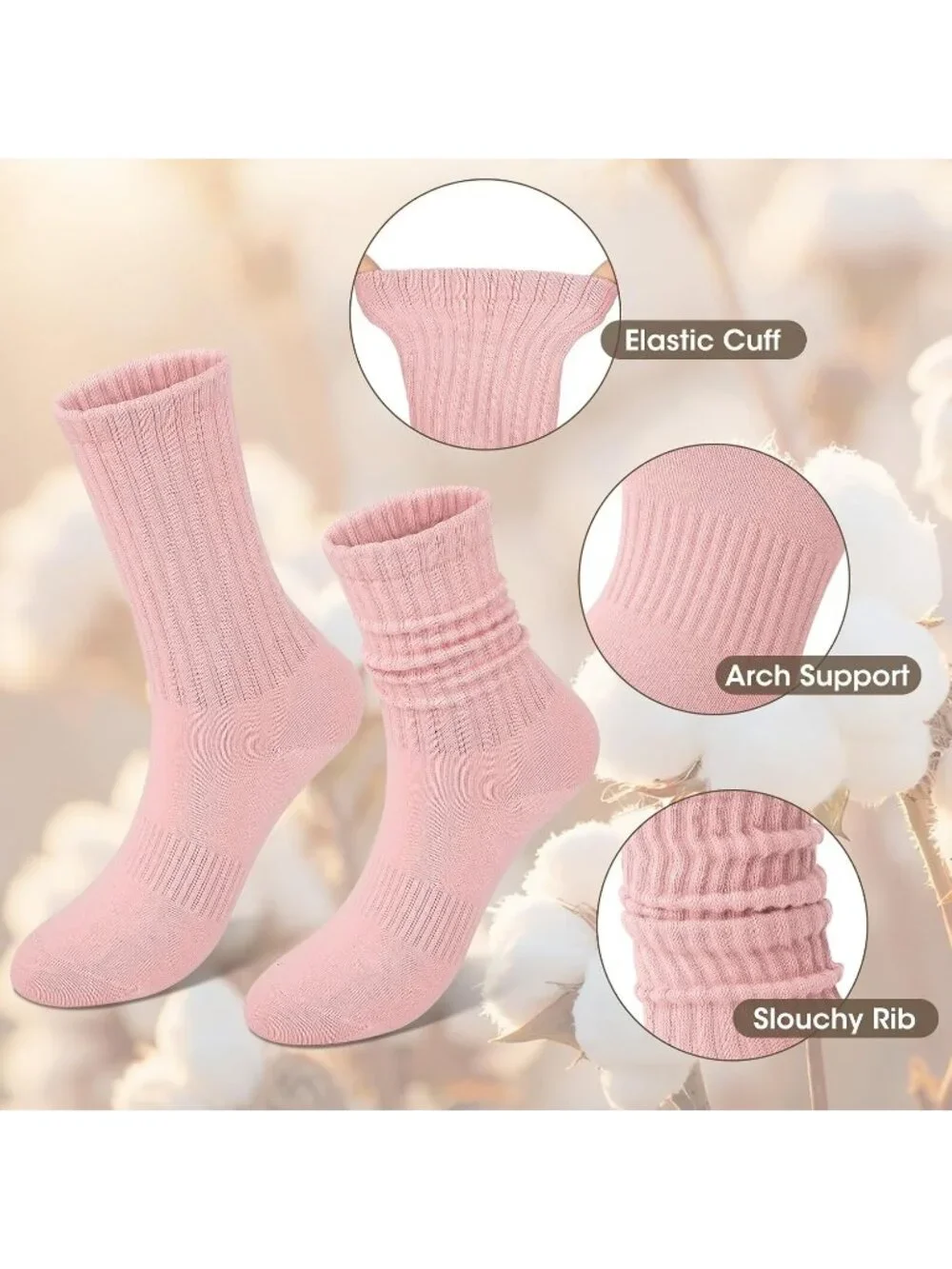 🧦Women's Pink White 5 Pair Slouchy Socks Slouch Cotton Crew Scrunch Socks